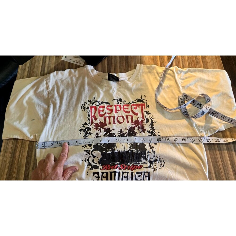 Red Stripe T-Shirt Beige XL Jamaica -Respect Mon- Vaca Casual Vtg Short Sleeve - Picture 12 of 15